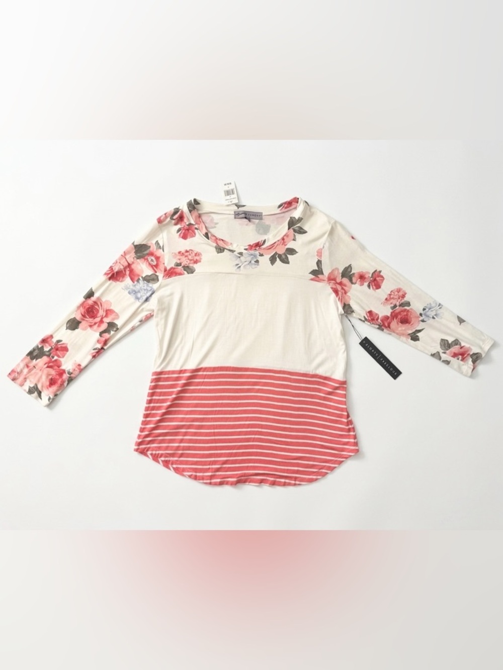 Absolutely Famous Cream Top with Coral Floral Sleeves & Stripe Hem - Picture 2 of 10